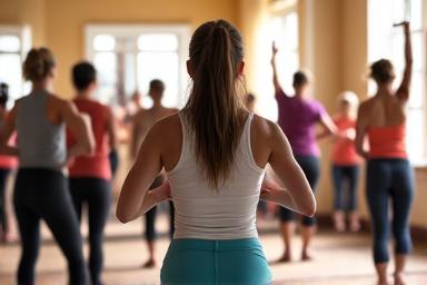 A dynamic group fitness class with members enjoying a yoga session.