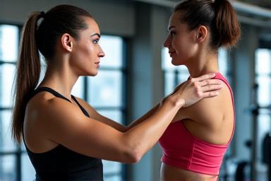 A personal trainer guiding a client on proper form.