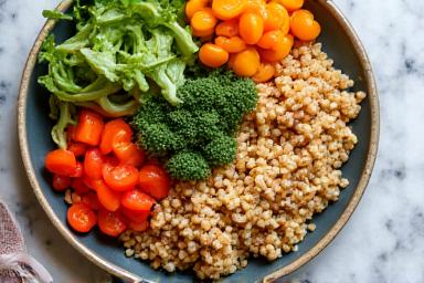 A vibrant photo of a healthy meal plan with fresh vegetables and lean protein.